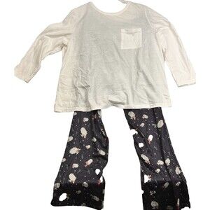 CJ Banks Pajama Set 1X Sheep Print Pants White Long Sleeve Top Cozy Lounge